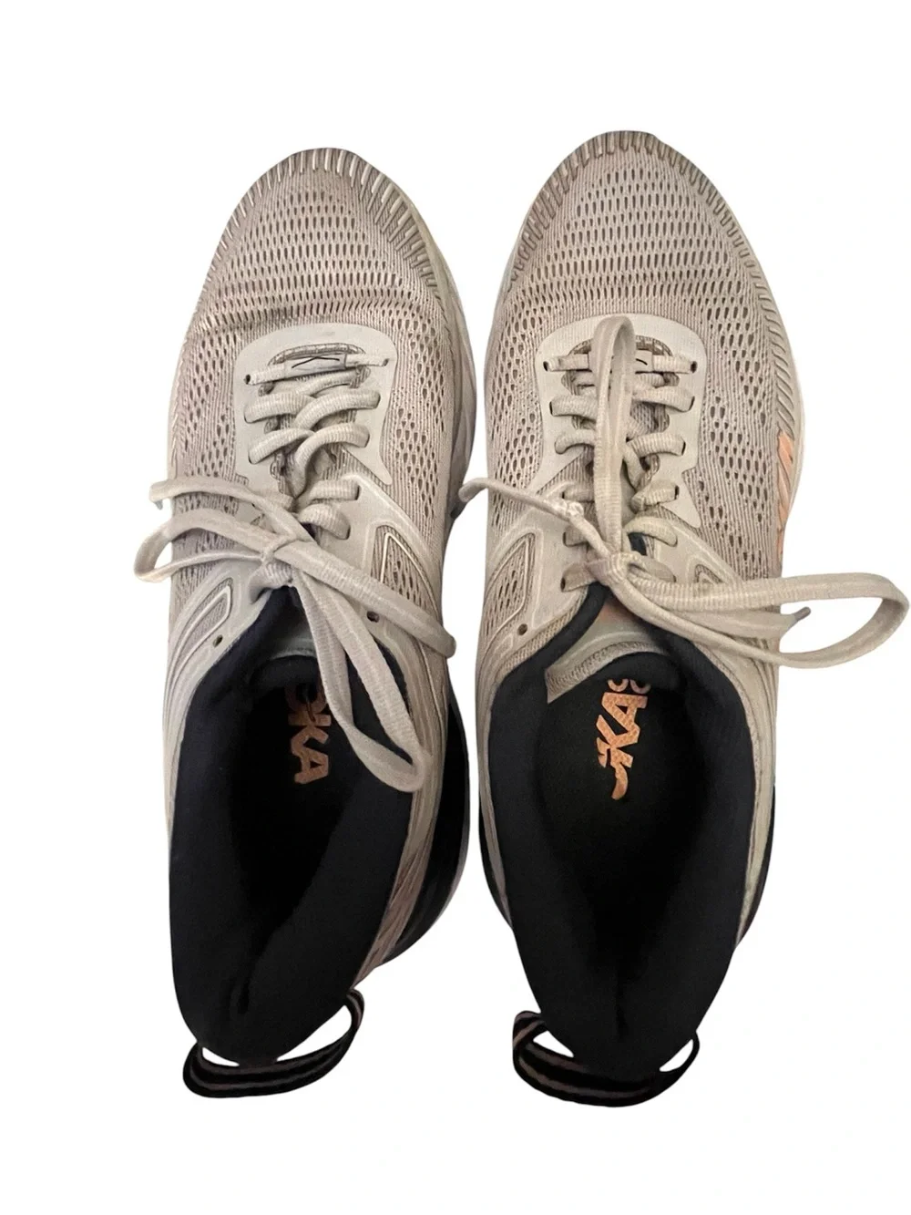 Hoka Men's Beige Athletic Running Shoes with Black Interior and Orange Accent